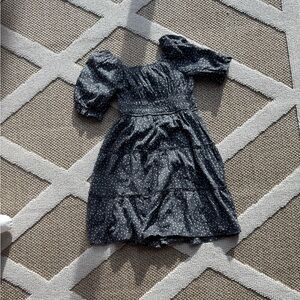 Girl’s Grey and White Polka Dot Puff Sleeve Square Neck Sundress